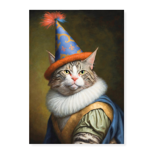 Renaissance painting of a Maine Coon with a party hat on - Art Print