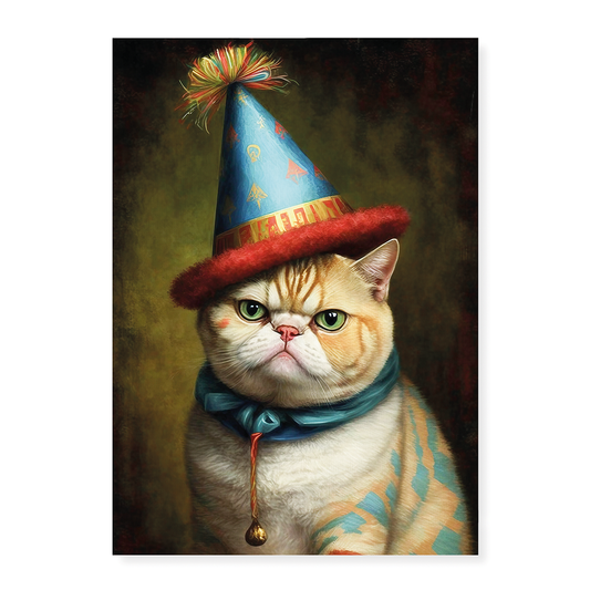 Renaissance painting of an Exotic Shorthair with a party hat on - Art Print