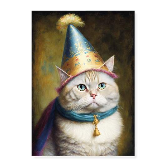 Renaissance painting of a Persian cat with a party hat - Art Print