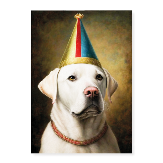 Renaissance painting of a white Labrador with a party hat - Art Print