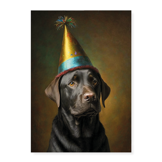 Renaissance painting of a black Labrador with a party hat - Art Print