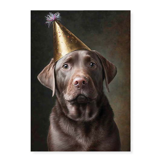 Renaissance painting of a brown Labrador with a party hat - Art Print