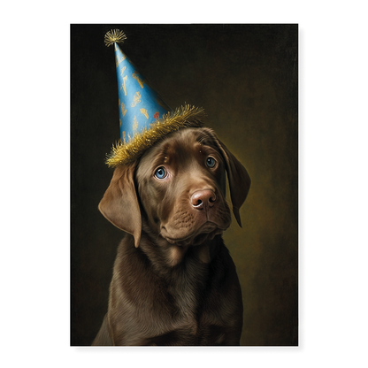 Renaissance painting of a brown Labrador puppy with a party hat - Art Print