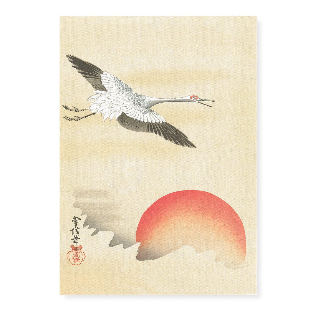 Crane flying at red moon By Kano Tsunenobu - Art Print