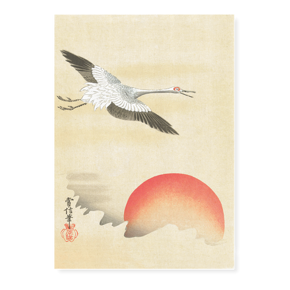 Crane flying at red moon By Kano Tsunenobu - Art Print