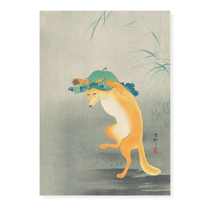 Dancing Fox with Lotus-leaf Hat By Ohara Koson - Art Print