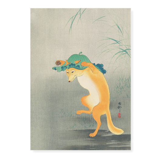 Dancing Fox with Lotus-leaf Hat By Ohara Koson - Art Print