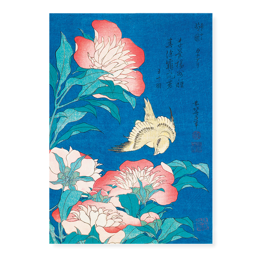 Katsushika Hokusai's peonies and canary - Art Print
