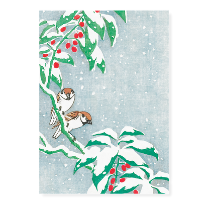 Sparrows on snowy berry bush By Ohara Koson - Art Print