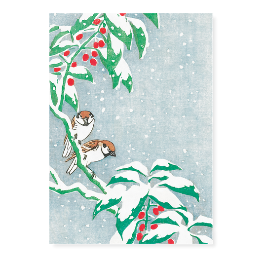 Sparrows on snowy berry bush By Ohara Koson - Art Print