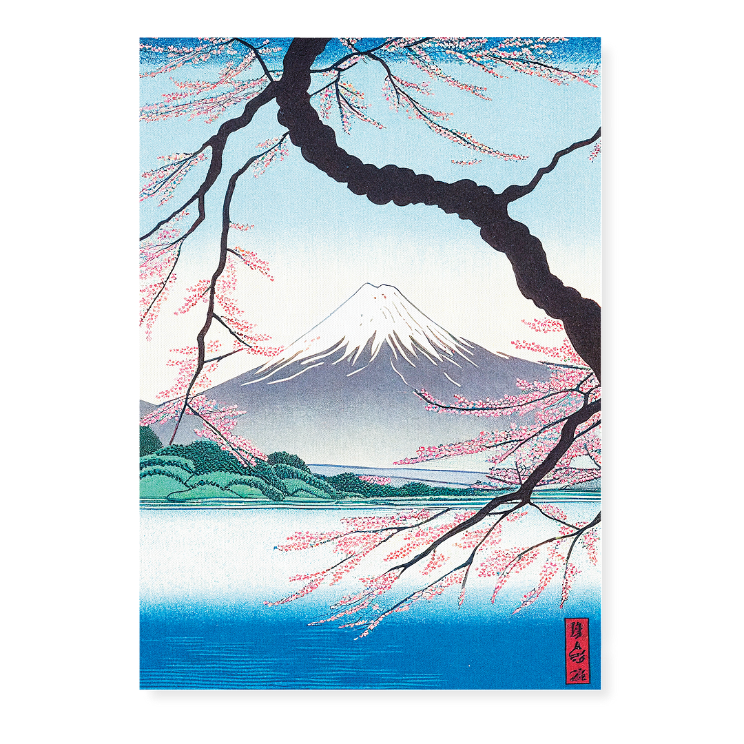 Mount Fuji framed by blossoms and a river - Art Print