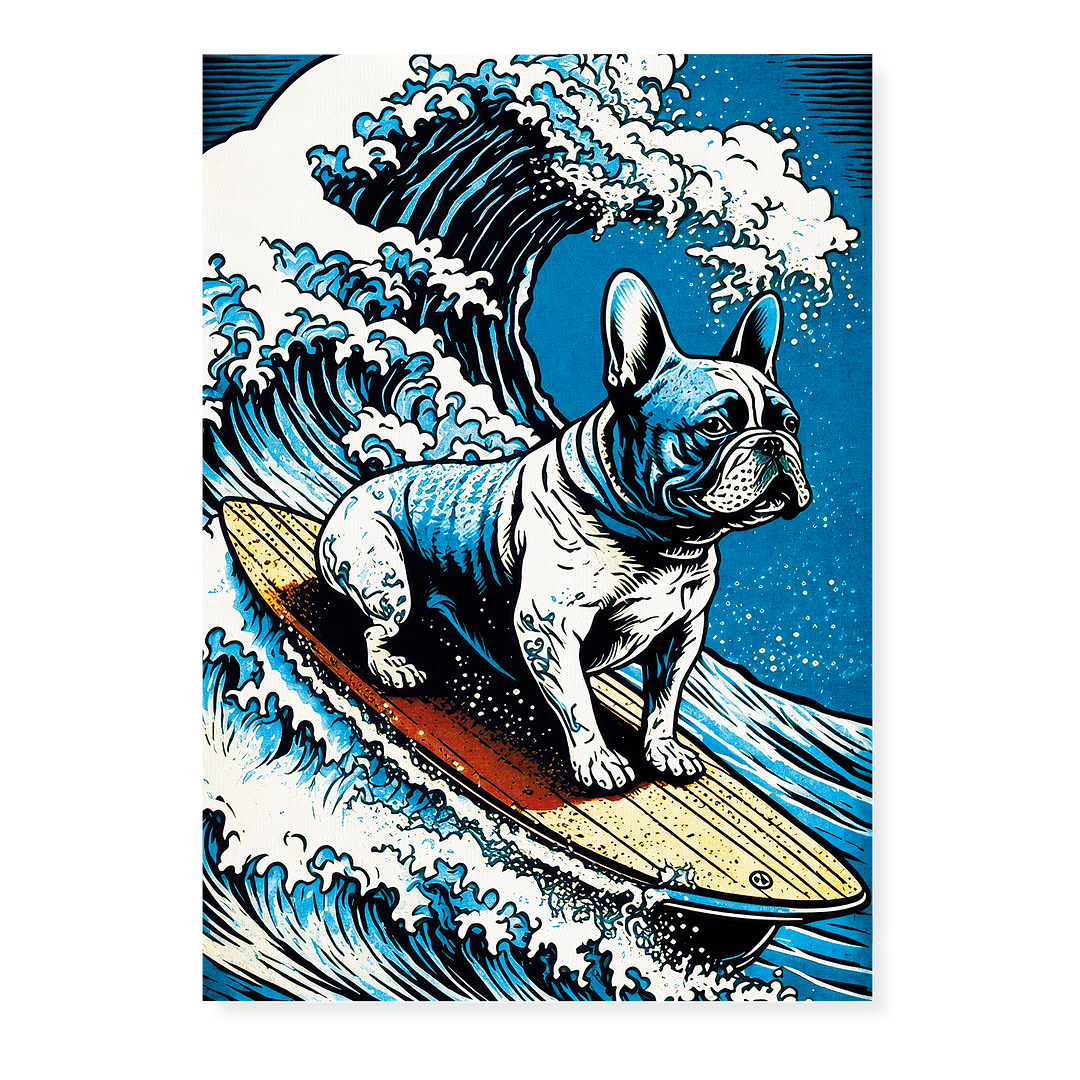 French bulldog surfing on the great wave - Art Print