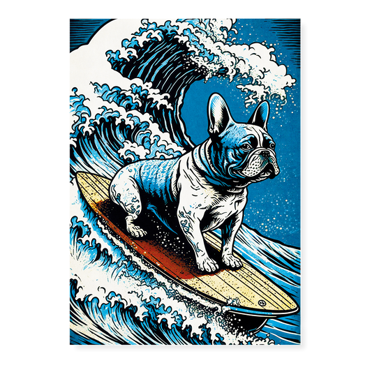 French bulldog surfing on the great wave - Art Print