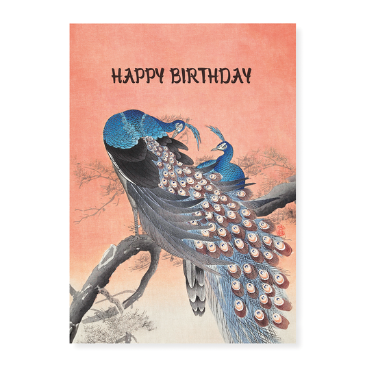 Two peacocks on tree branch (Happy Birthday) - Art Print