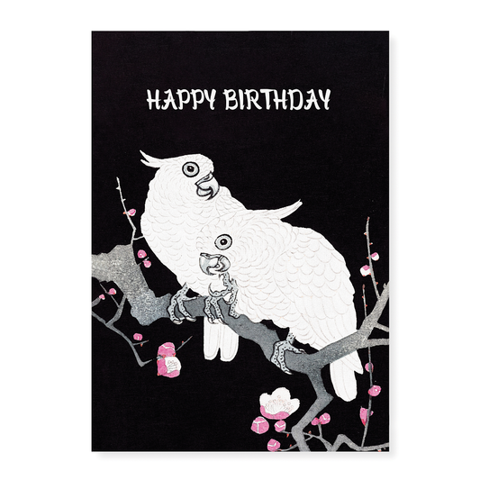 Two Cockatoos on a Branch with Plum Blossom (Happy Birthday) - Art Print