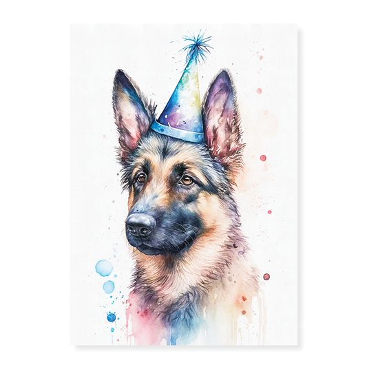 German shepherd wearing a party hat - Art Print