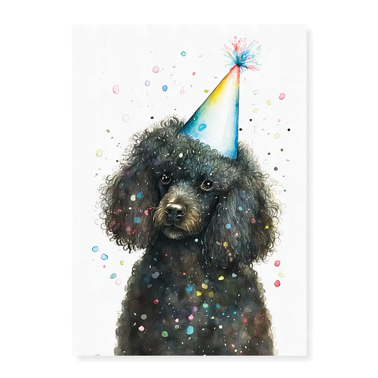 Black poodle wearing a party hat - Art Print