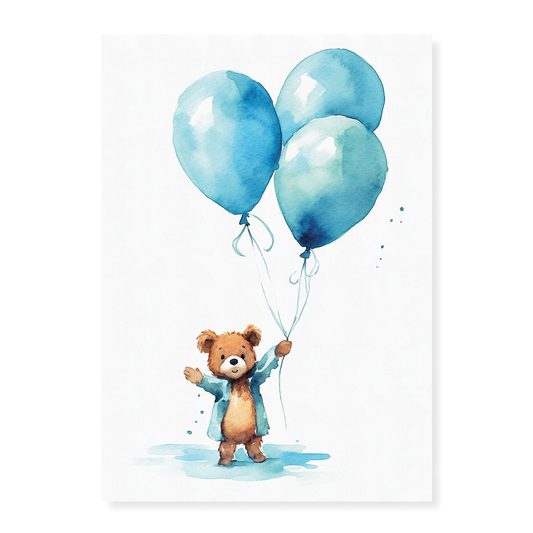 Bear holding blue balloons - Art Print