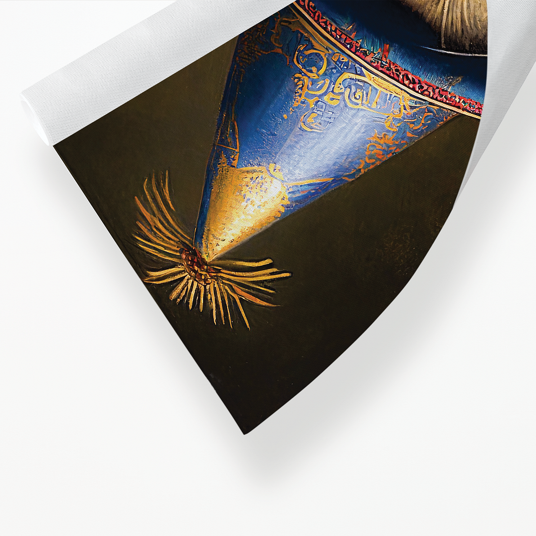 Renaissance portrait of a Cat with a blue party hat - Art Print