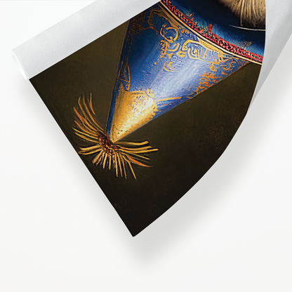 Renaissance portrait of a Cat with a blue party hat - Art Print
