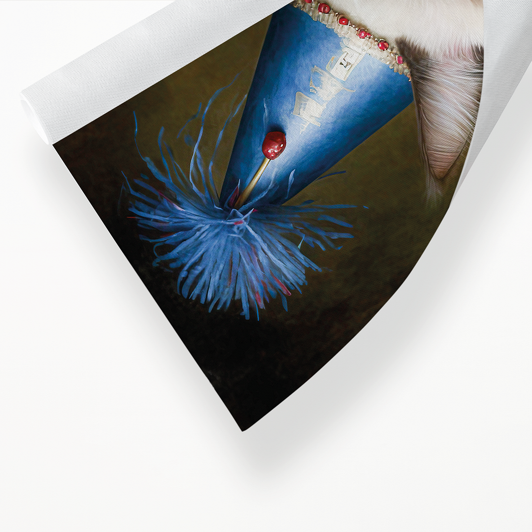 Renaissance painting of a Ragdoll Cat Breed with a party hat on - Art Print