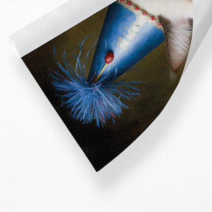 Renaissance painting of a Ragdoll Cat Breed with a party hat on - Art Print