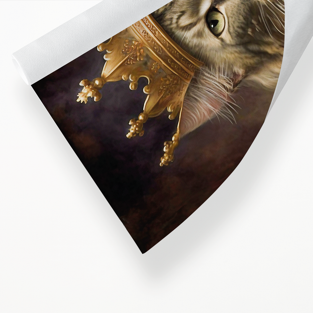 Renaissance painting of a Maine Coon with a king's crown  - Art Print