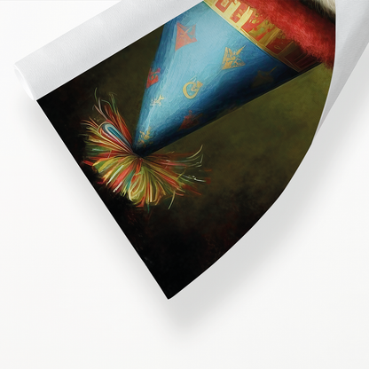 Renaissance painting of an Exotic Shorthair with a party hat on - Art Print