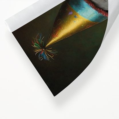 Renaissance painting of a black Labrador with a party hat - Art Print