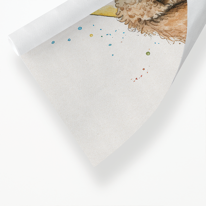 Brown poodle wearing a party hat - Art Print