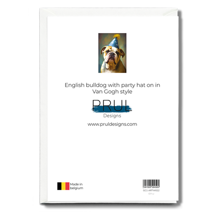 English bulldog with party hat on in Van Gogh style - Greeting Card