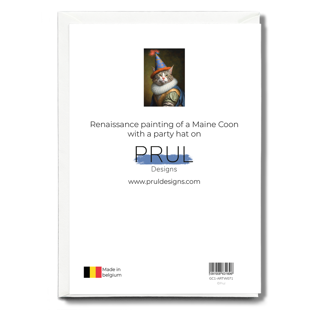 Renaissance painting of a Maine Coon with a party hat on - Greeting Card