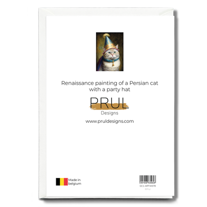 Renaissance painting of a Persian cat with a party hat - Greeting Card