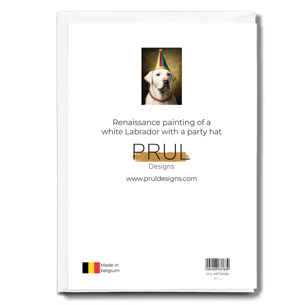 Renaissance painting of a white Labrador with a party hat - Greeting Card