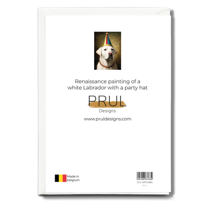 Renaissance painting of a white Labrador with a party hat - Greeting Card