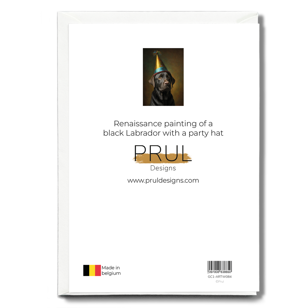 Renaissance painting of a black Labrador with a party hat - Greeting Card