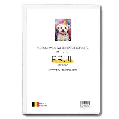 Maltese with wa party hat colourful painting I - Greeting Card