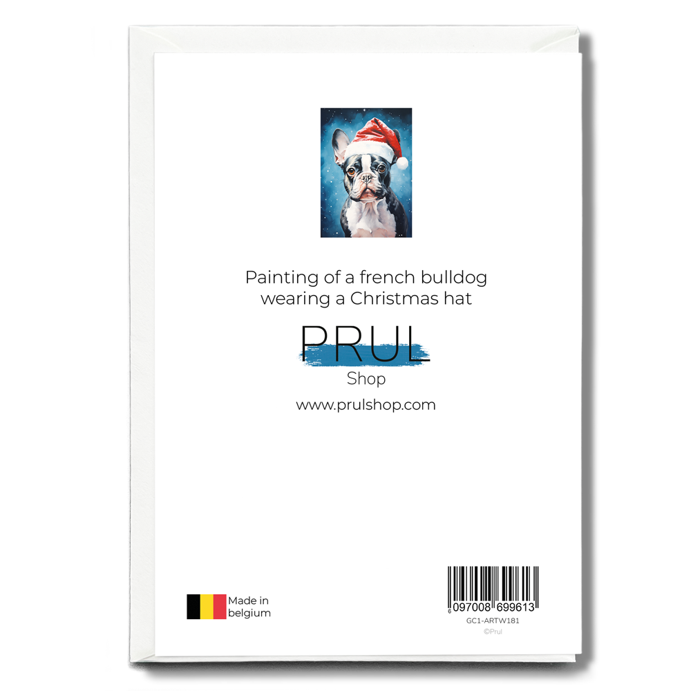 Painting of a french bulldog wearing a Christmas hat - Greeting Card