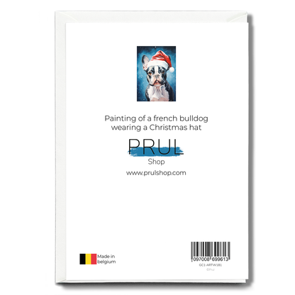 Painting of a french bulldog wearing a Christmas hat - Greeting Card