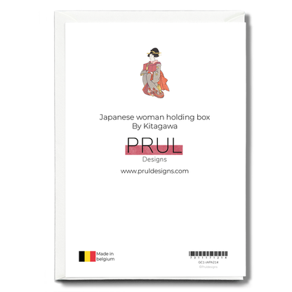 Japanese woman holding box By Kitagawa - Greeting Card