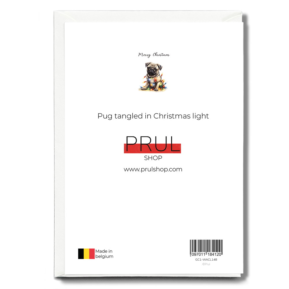 Pug tangled in Christmas light - Greeting Card