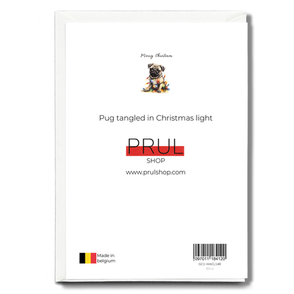 Pug tangled in Christmas light - Greeting Card