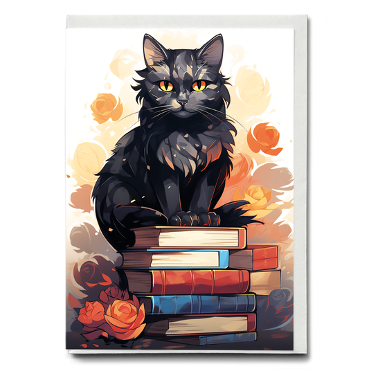 Cat on a pile of books (Art Deco) - Greeting Card