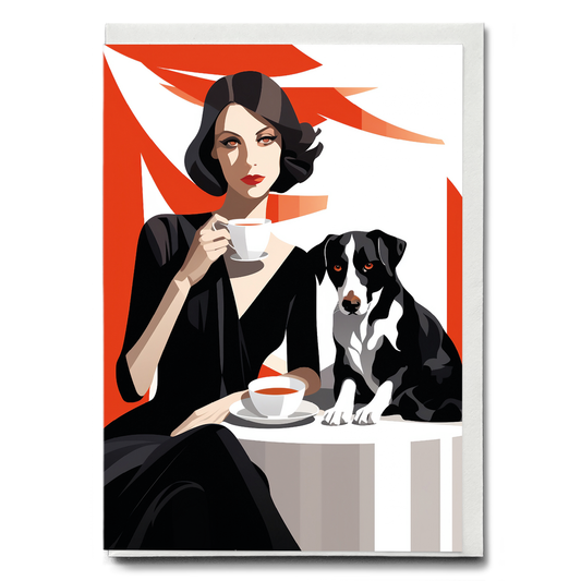 Lady drinking coffee with her dog - Greeting Card