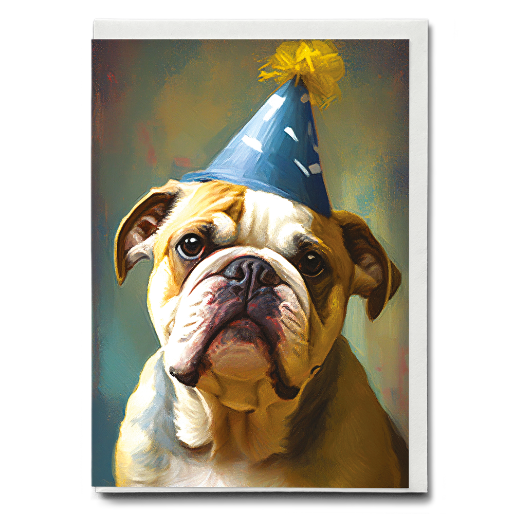 English bulldog with party hat on in Van Gogh style - Greeting Card
