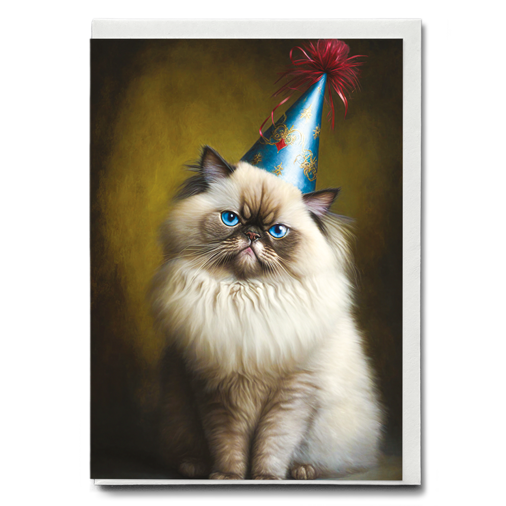 Renaissance painting of a Himalayan Cat Breed with a party hat on - Greeting Card