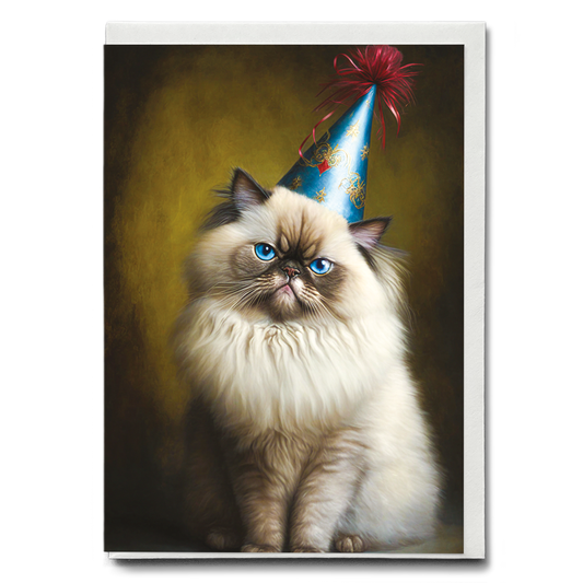 Renaissance painting of a Himalayan Cat Breed with a party hat on - Greeting Card