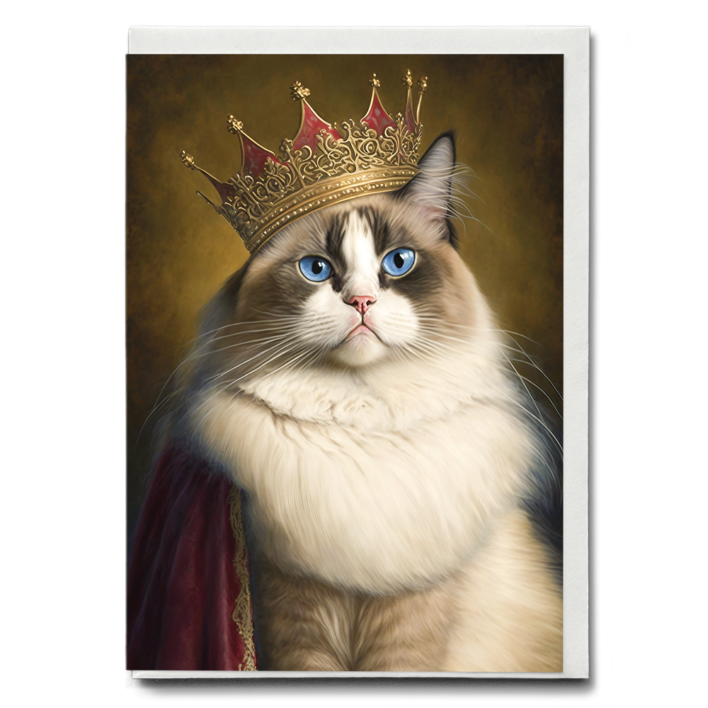 Renaissance painting of a Ragdoll Cat Breed with a queen crown on - Greeting Card
