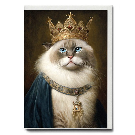 Renaissance painting of a Ragdoll Cat Breed with a Kings crown on - Greeting Card