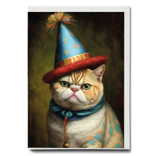 Renaissance painting of an Exotic Shorthair with a party hat on - Greeting Card